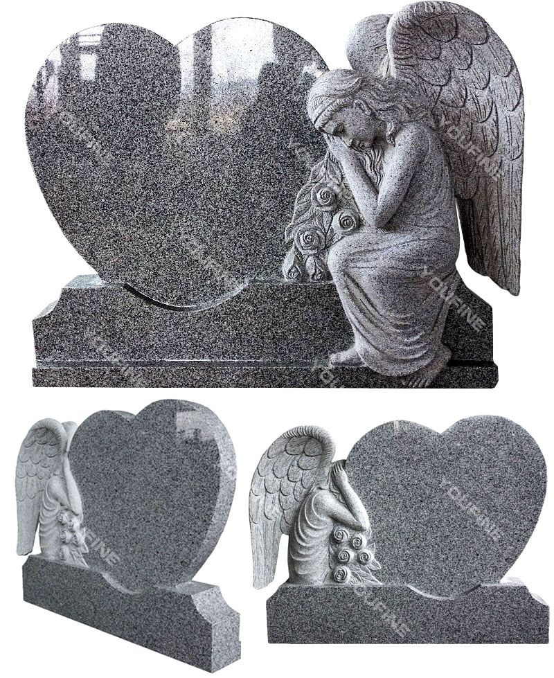 Hand-carved Black Granite Angel Heart Headstone