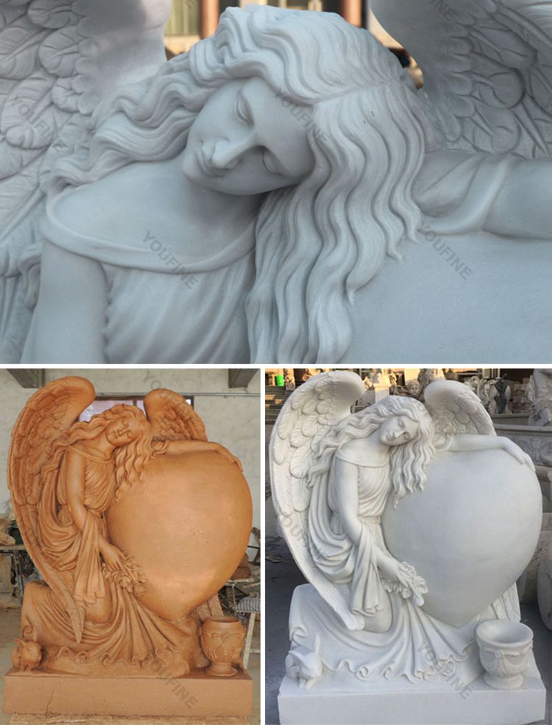 Engraved White Marble Angel Heart Tombstone Sculpture