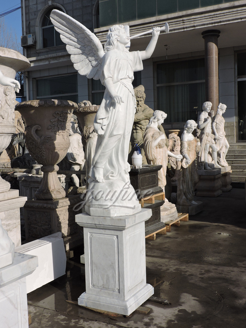 Blowing Horn White Marble Angel Statue (3)