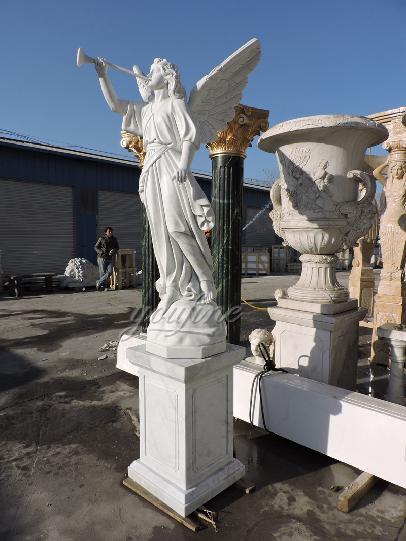 Blowing Horn White Marble Angel Statue (4)