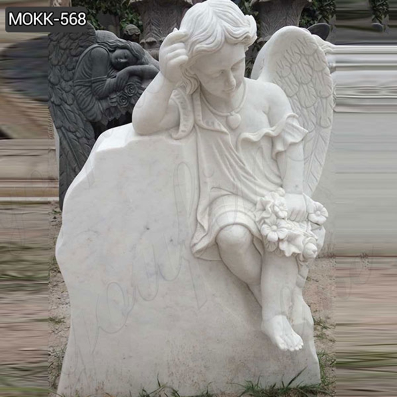 Detailed Carved Holding Wreath Cherub Winged Marble Monument Headstone (2)