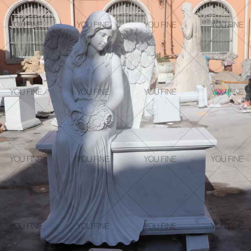 Engraved Winged Angel Statue Marble Tombstone for Client (1)