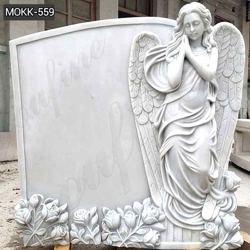 Hand Carved Engraved Winged Angel Statue White Marble Tombstone (1)