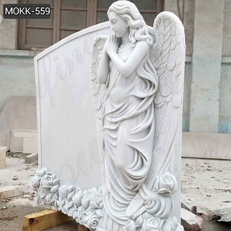Hand Carved Engraved Winged Angel Statue White Marble Tombstone (3)