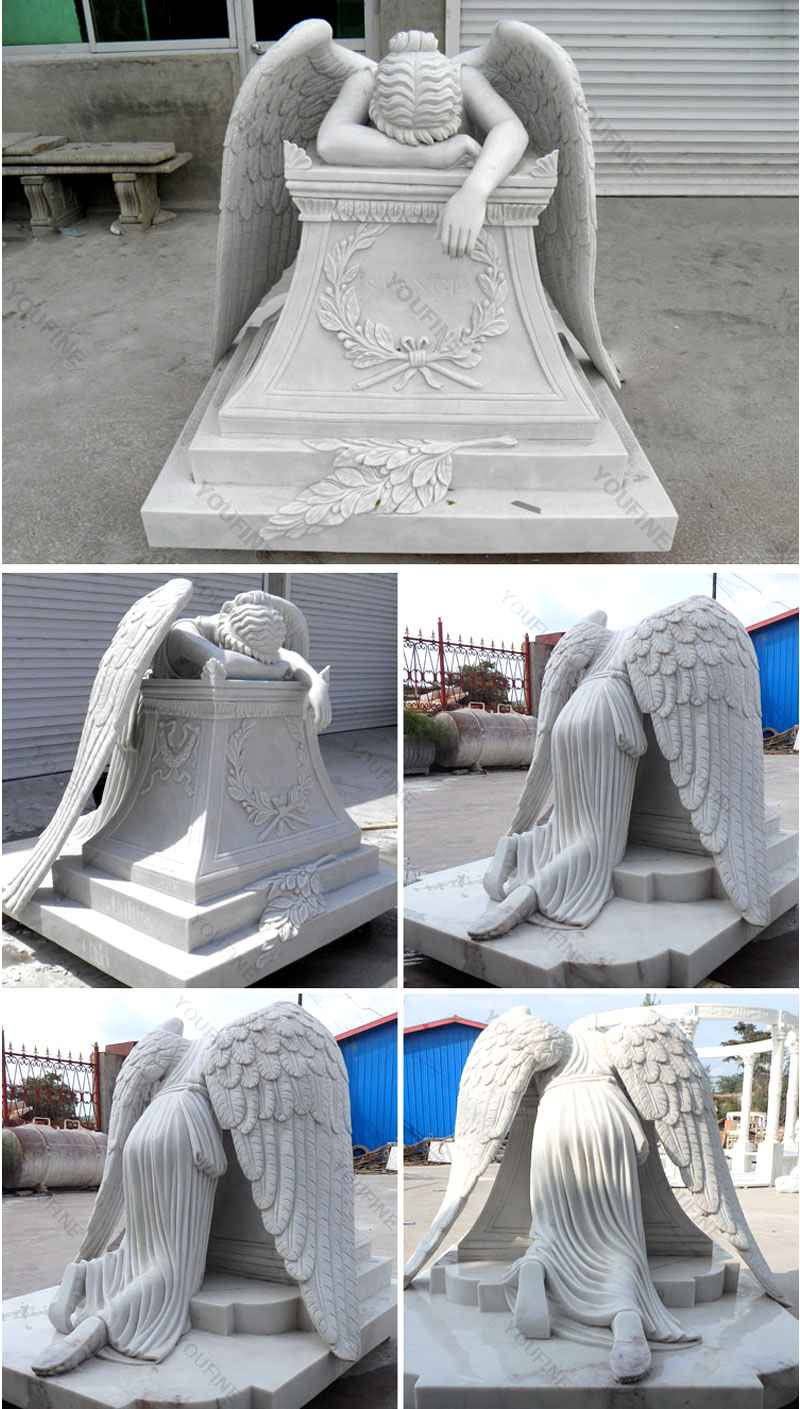 Hand Carved Weeping Winged Angel White Marble Tombstone (1)