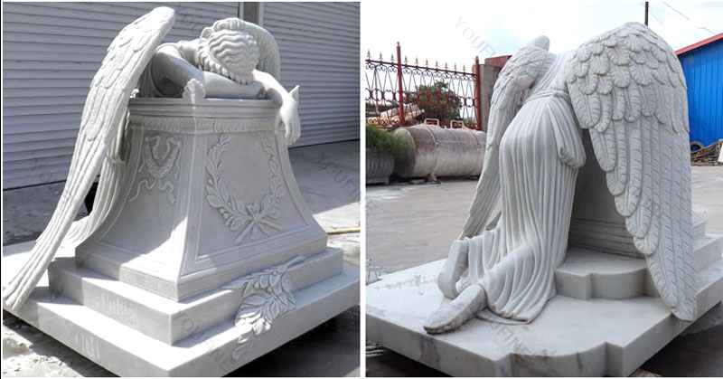 Hand Carved Weeping Winged Angel White Marble Tombstone (2)