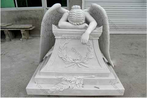 Hand Carved Weeping Winged Angel White Marble Tombstone (3)