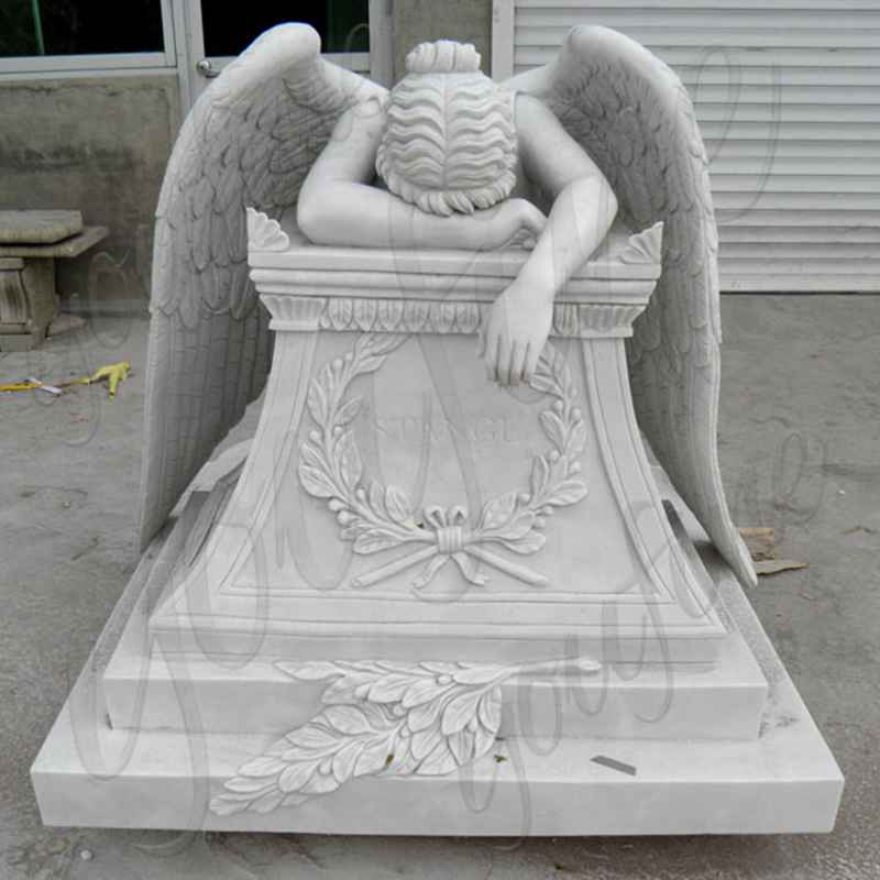 Hand Carved Weeping Winged Angel White Marble Tombstone (4)