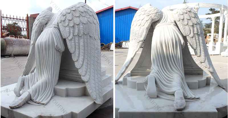 Hand Carved Weeping Winged Angel White Marble Tombstone (5)