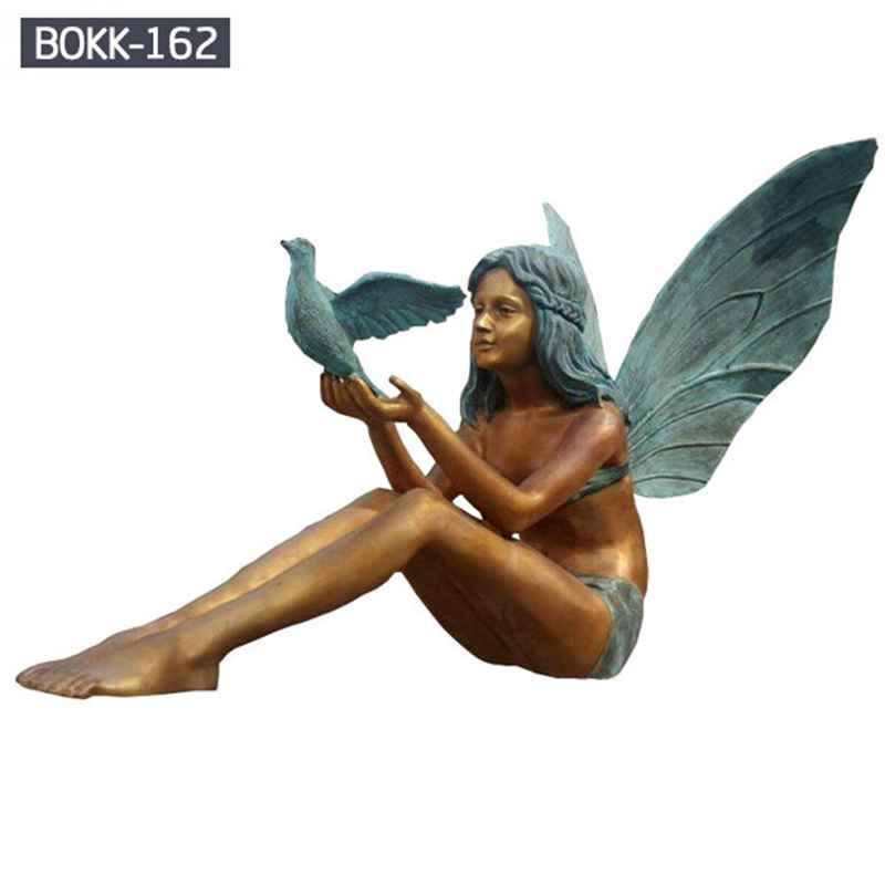 Holding Peace Dove Beautiful Sitting Petite Fairy Wings Bronze Statue (1)
