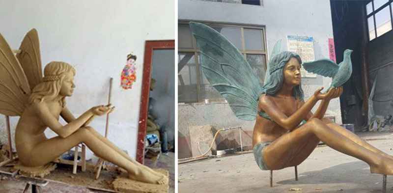 Holding Peace Dove Beautiful Sitting Petite Fairy Wings Bronze Statue (4)