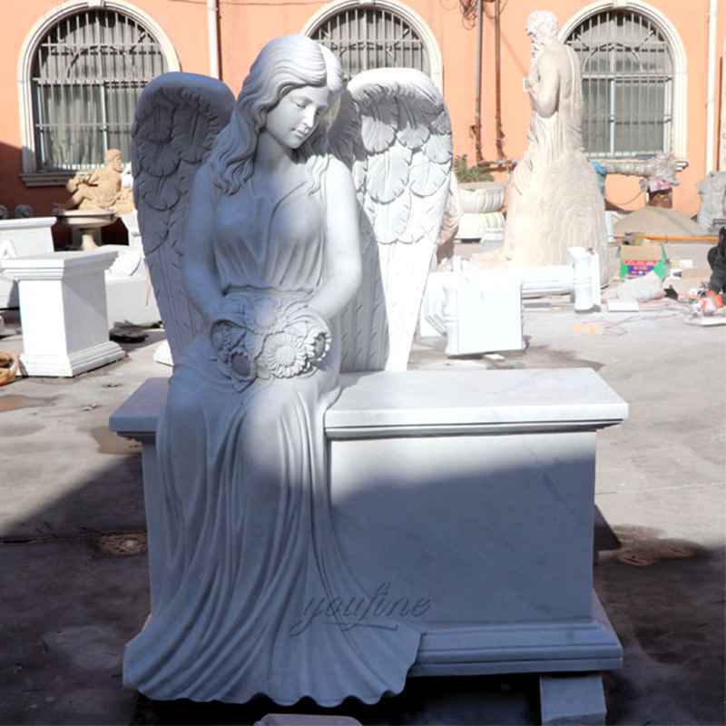 Large Female Wings White Marble Sitting Angel Monument (1)