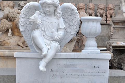 Sitting Cherub Statue White Marble Tombstone Monument (4)