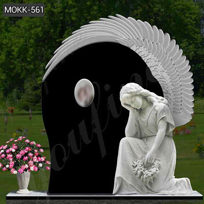 White Marble Angel Statue Black Granite Monument (4)