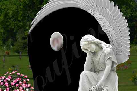 White Marble Angel Statue Black Granite Monument (5)